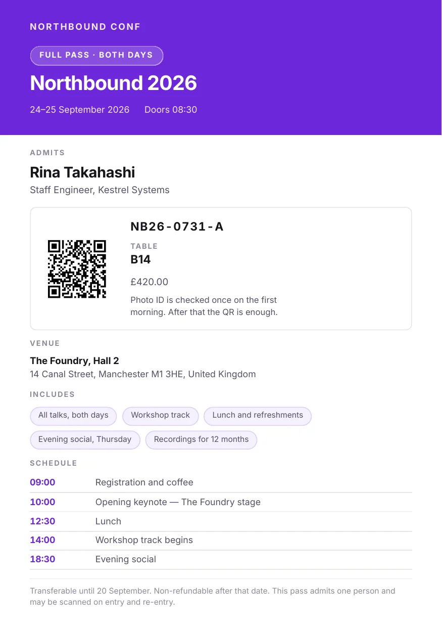 An A5 event pass PDF rendered by PixlDocs, with a scannable QR code and attendee entitlements