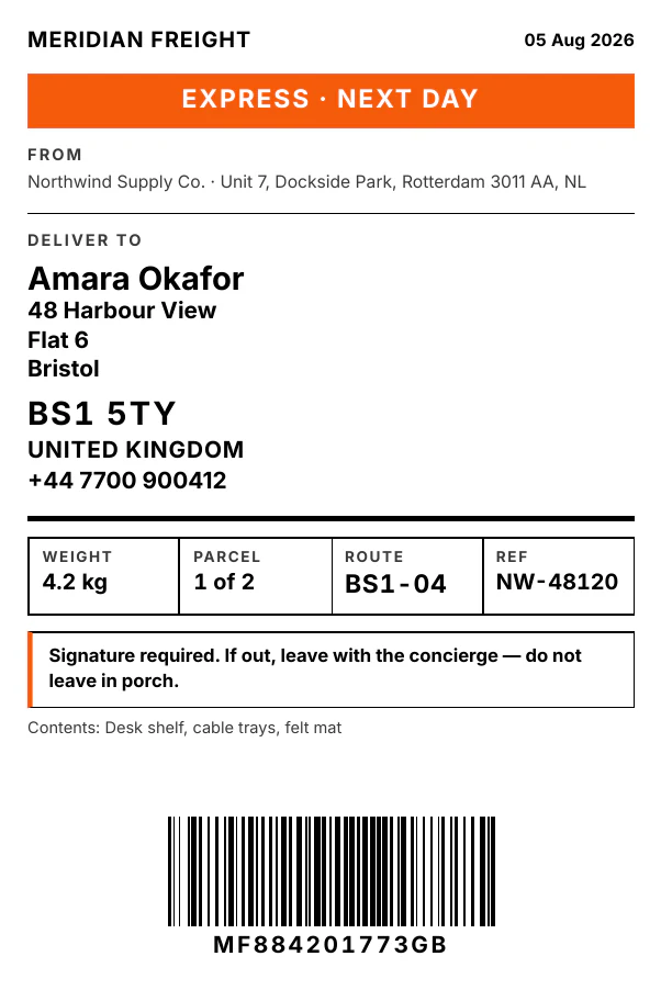 A 4 by 6 inch thermal shipping label PDF rendered by PixlDocs, with a Code 128 barcode