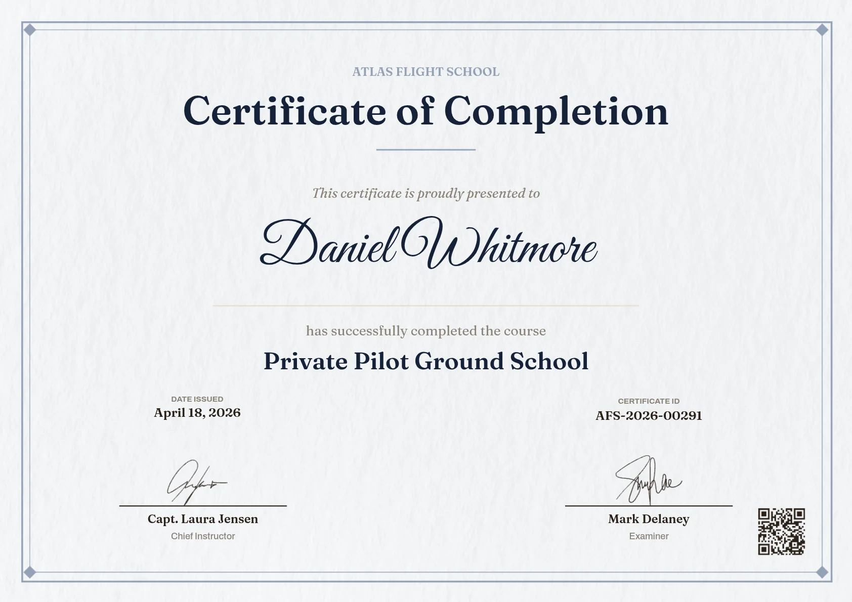A real certificate image rendered by PixlDocs