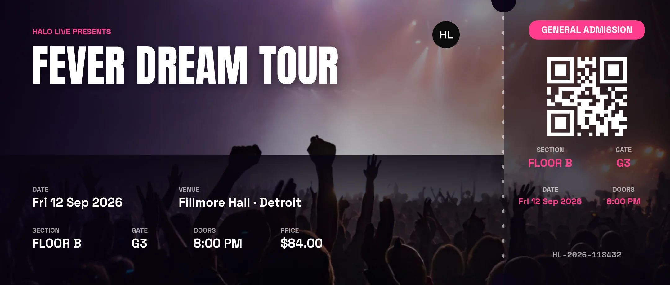Concert ticket rendered by the PixlDocs API
