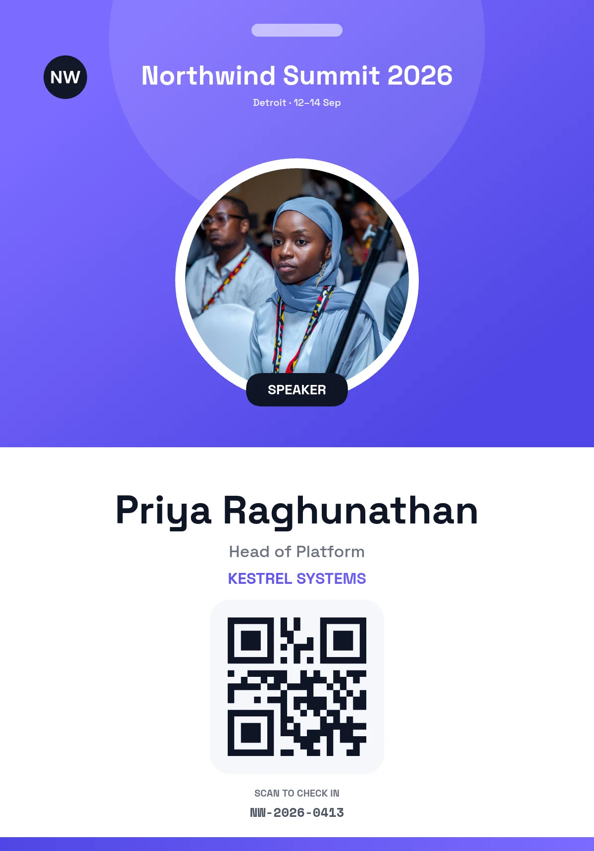 Conference badge rendered by the PixlDocs API