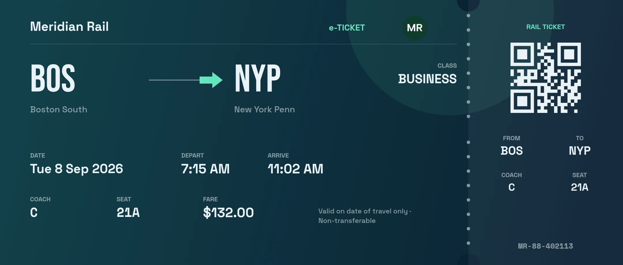 Train ticket rendered by the PixlDocs API