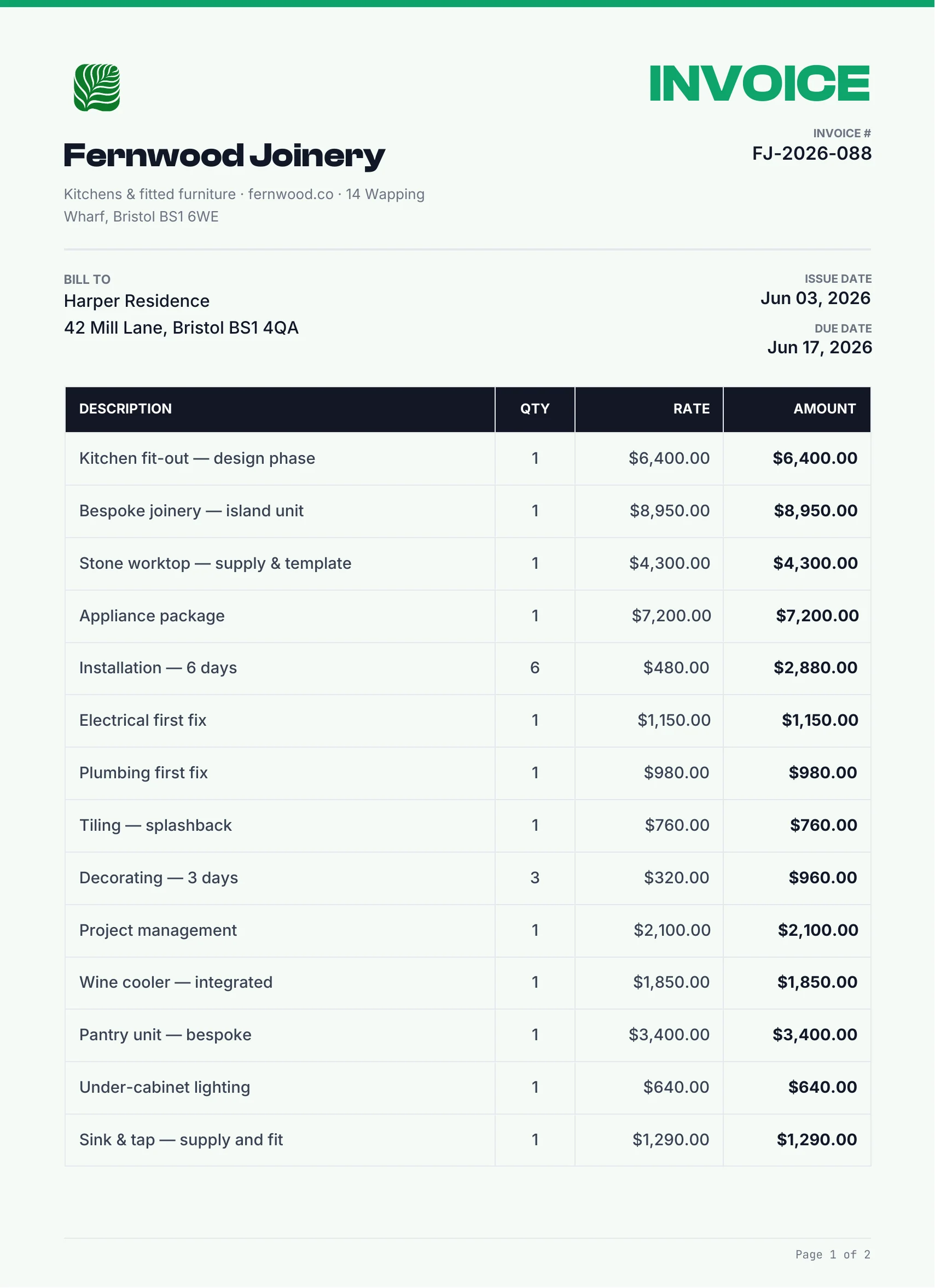 Invoice rendered by the PixlDocs API