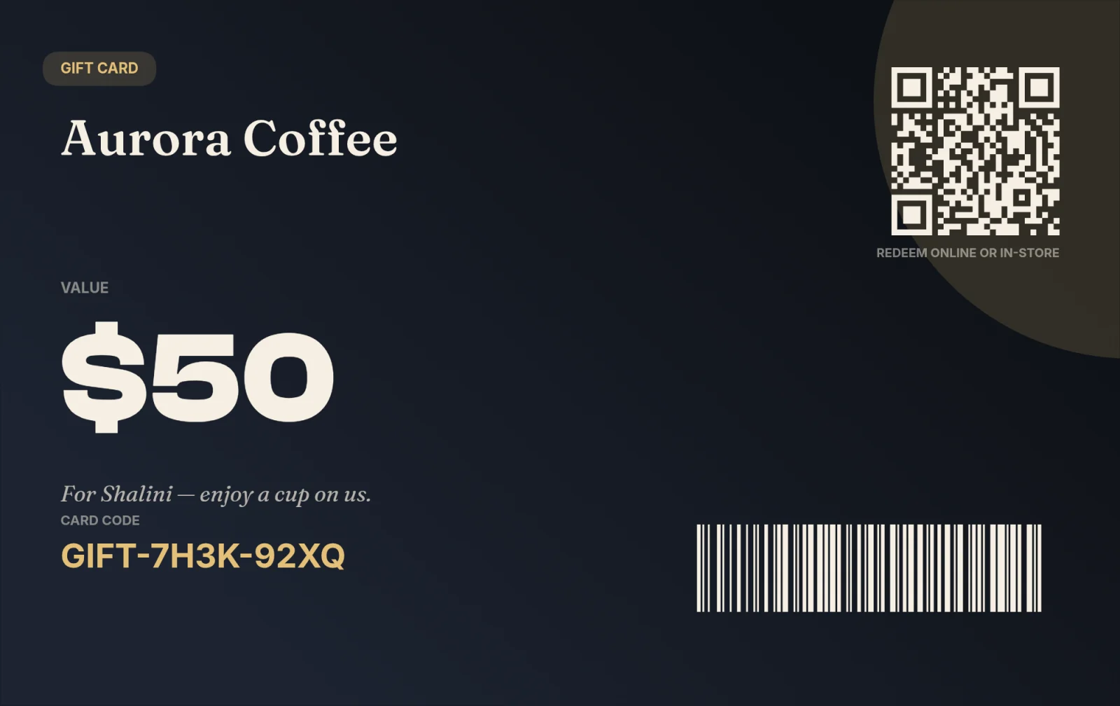 Gift voucher rendered by the PixlDocs API