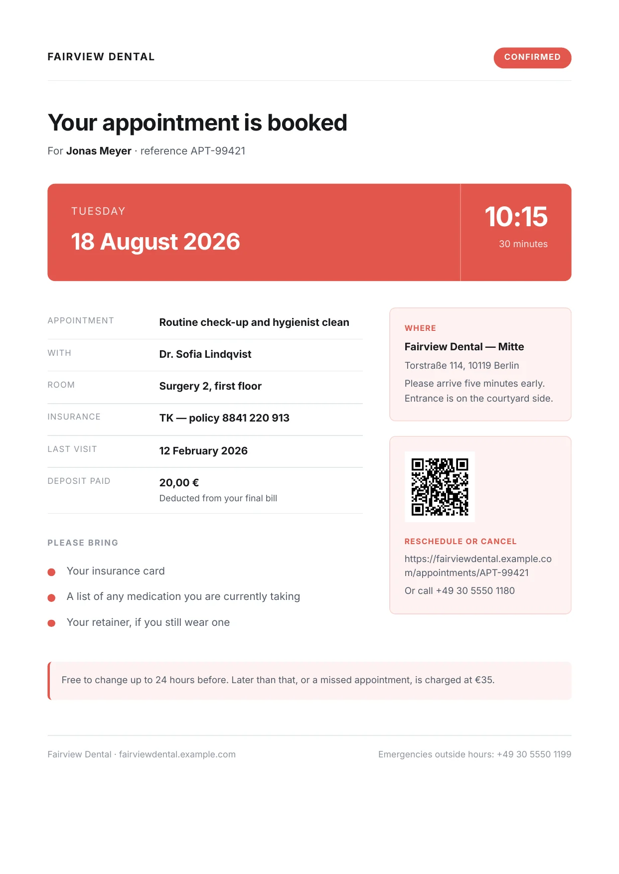 An appointment confirmation PDF rendered by PixlDocs, showing date, clinician, location and what to bring