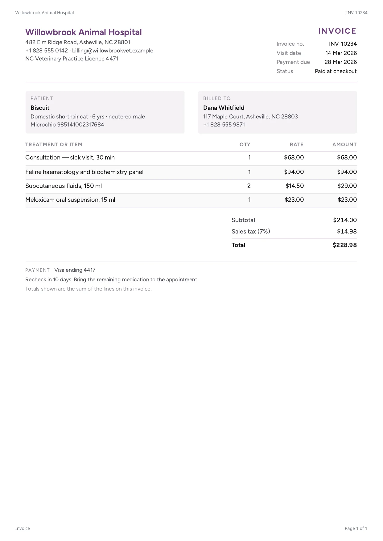 A veterinary clinic invoice PDF rendered by PixlDocs, with treatments, medication and total paid