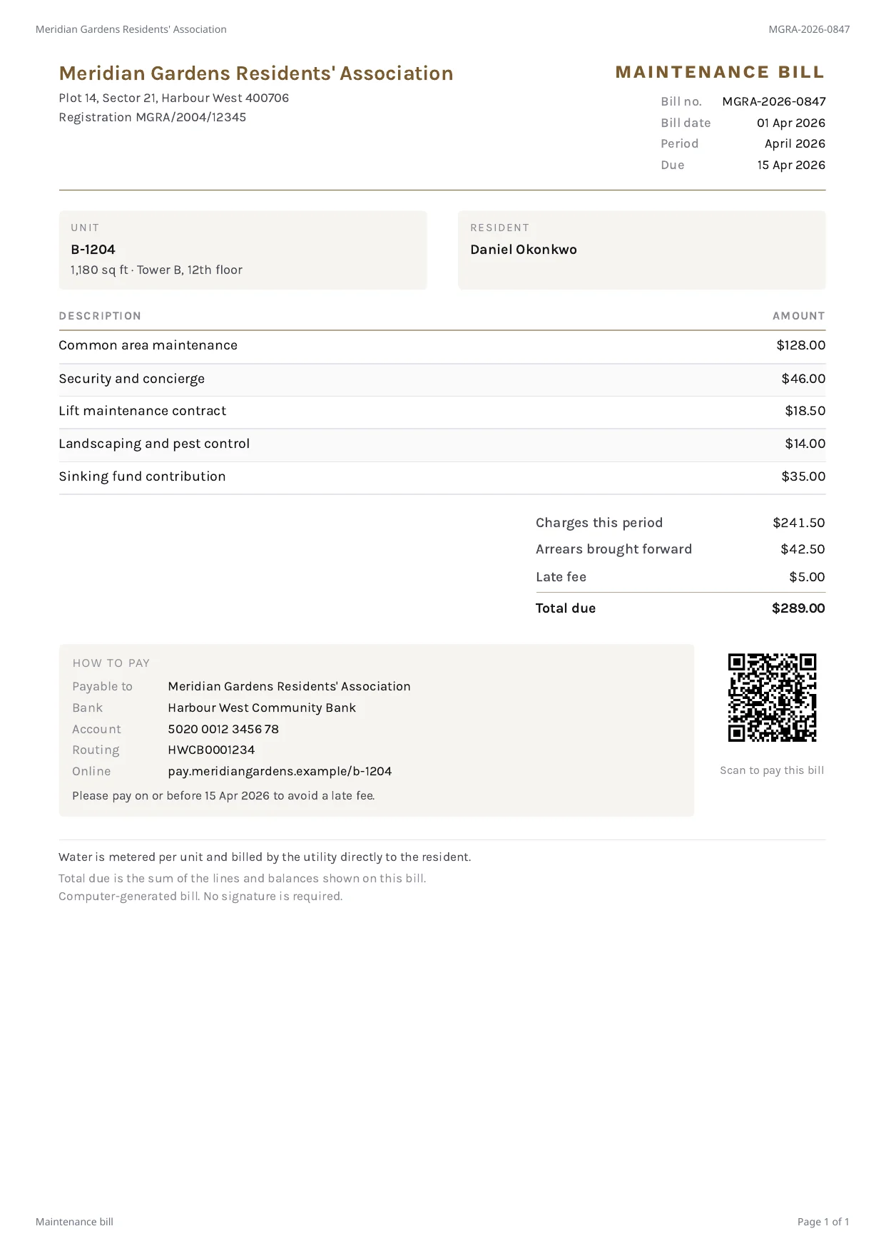 A maintenance bill PDF rendered by PixlDocs for a residents’ association, with charges and payment details
