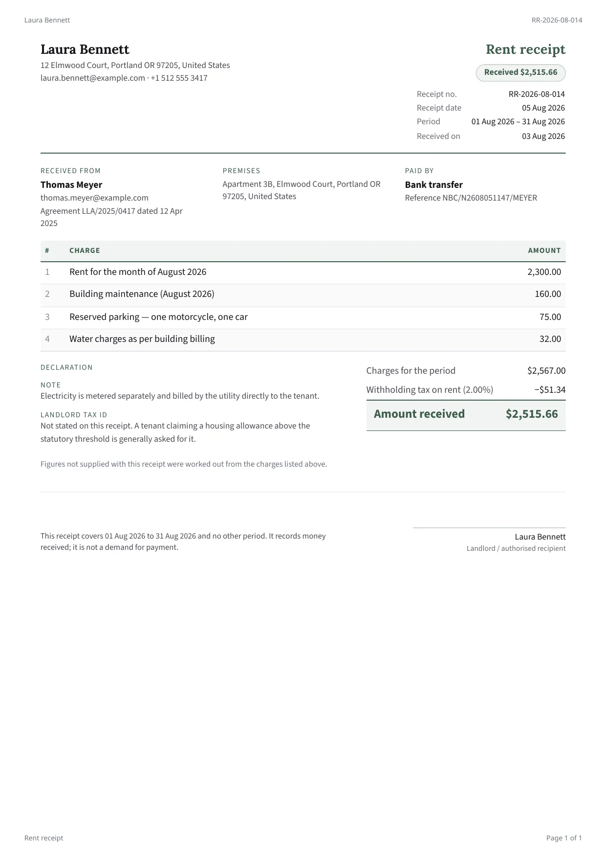A rent receipt PDF rendered by PixlDocs, showing the period, charges and the amount received