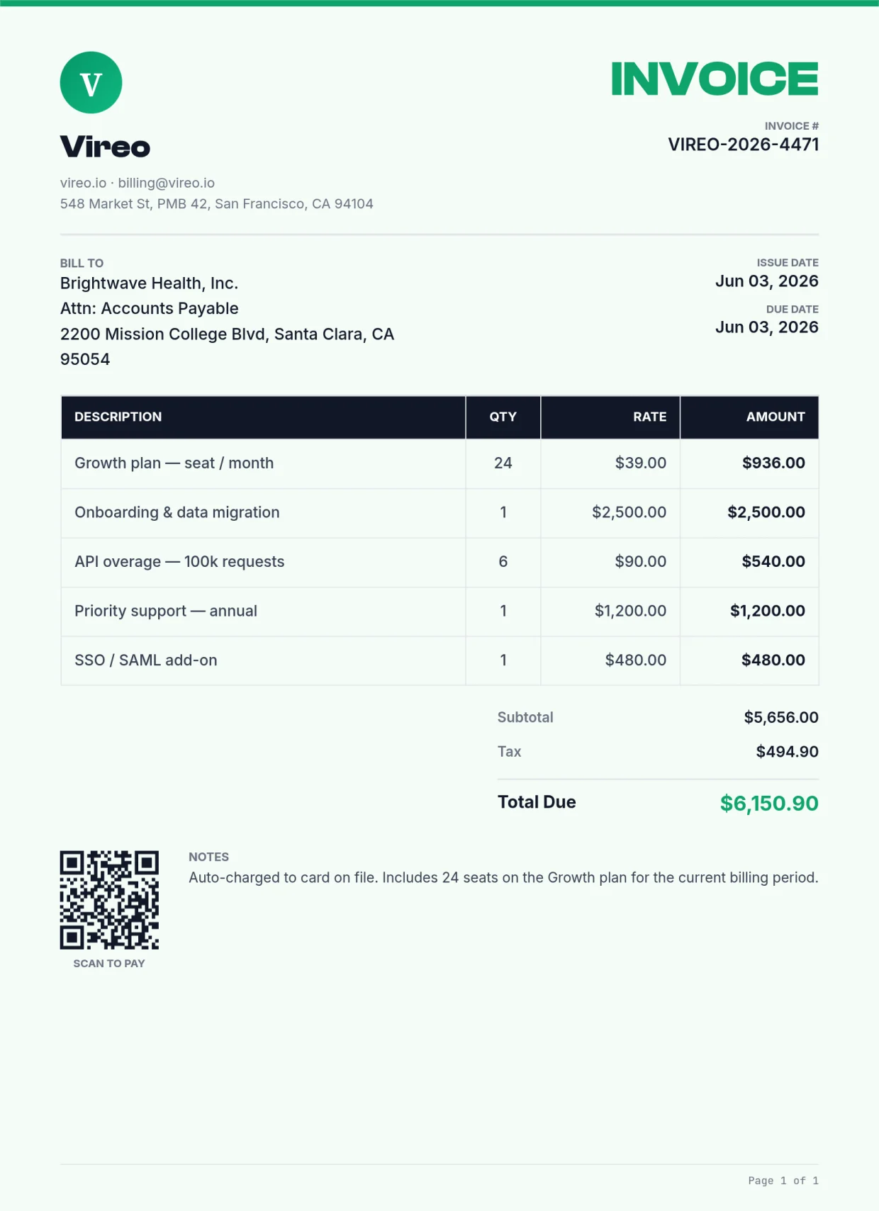 Subscription invoice rendered by the PixlDocs API