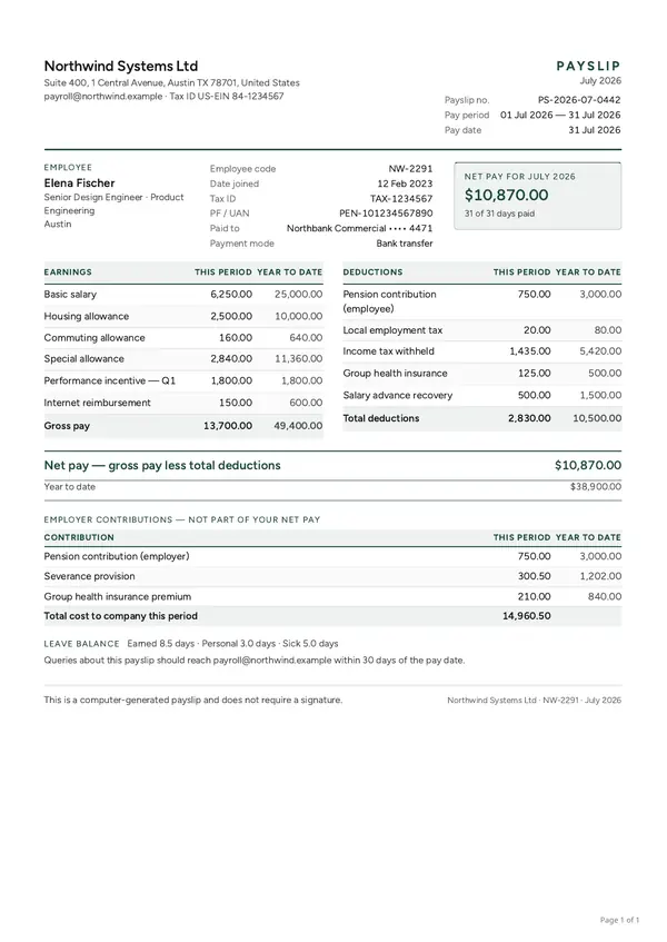 Payslip (HTML template) rendered by the PixlDocs API