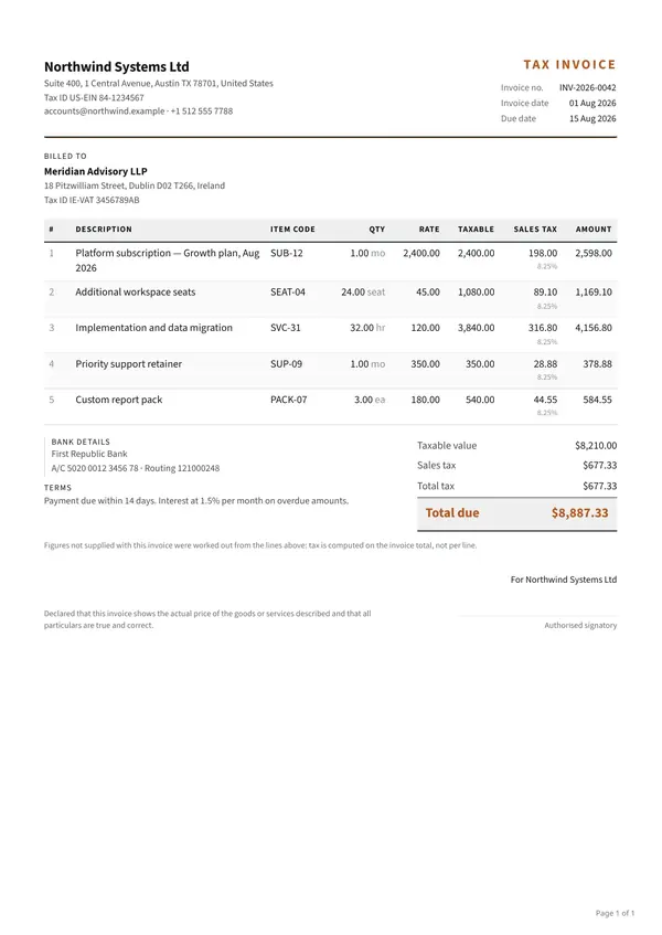 Tax invoice with per-line rates rendered by the PixlDocs API