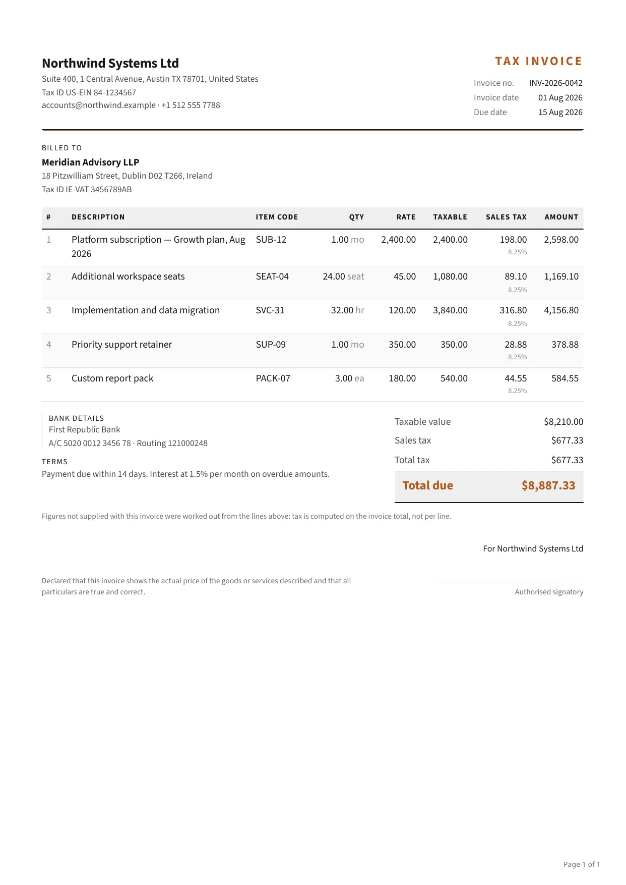 A tax invoice PDF rendered by PixlDocs, with line items and a per-rate tax summary
