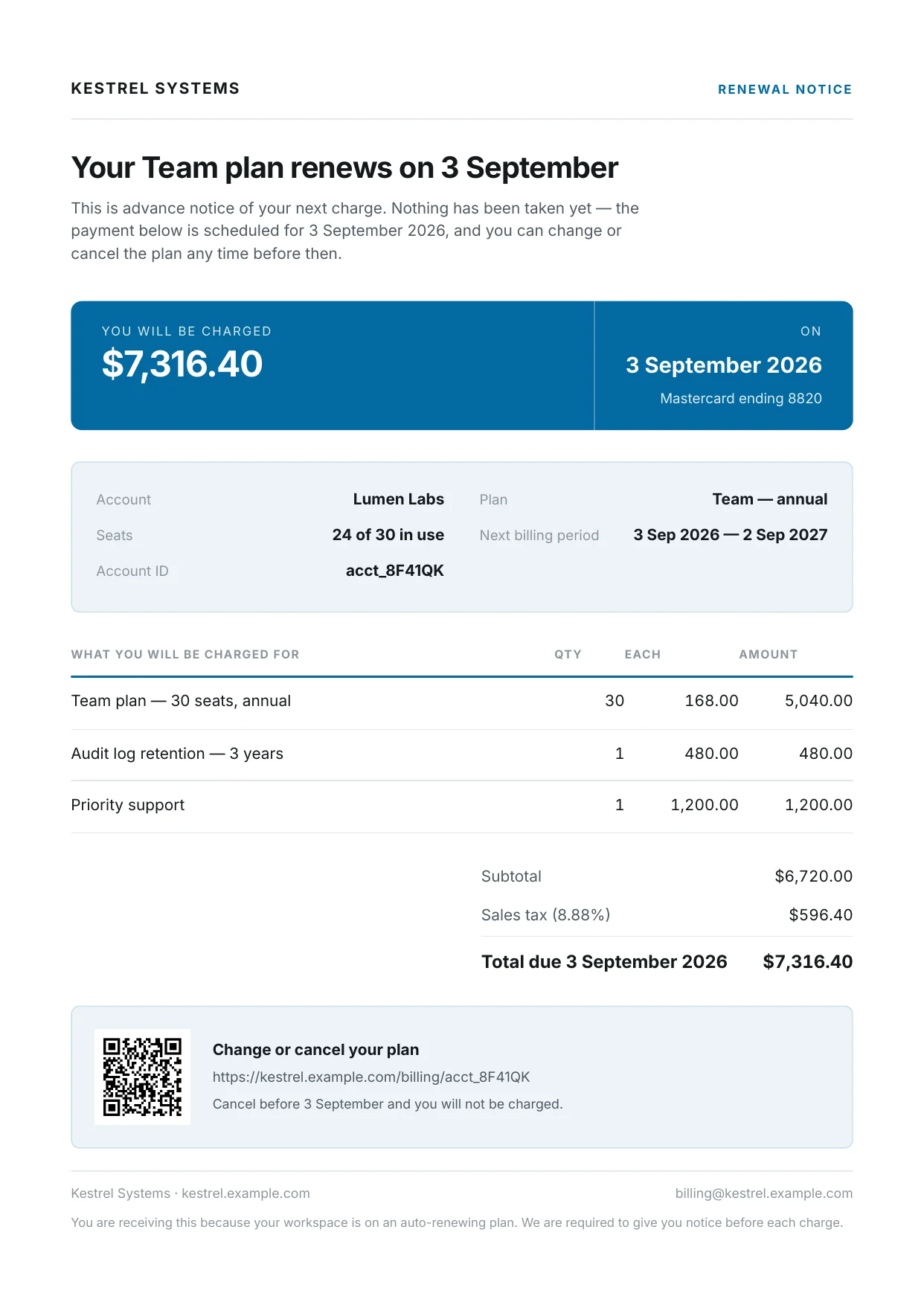 A subscription renewal notice PDF rendered by PixlDocs, showing the amount, renewal date and cancellation link